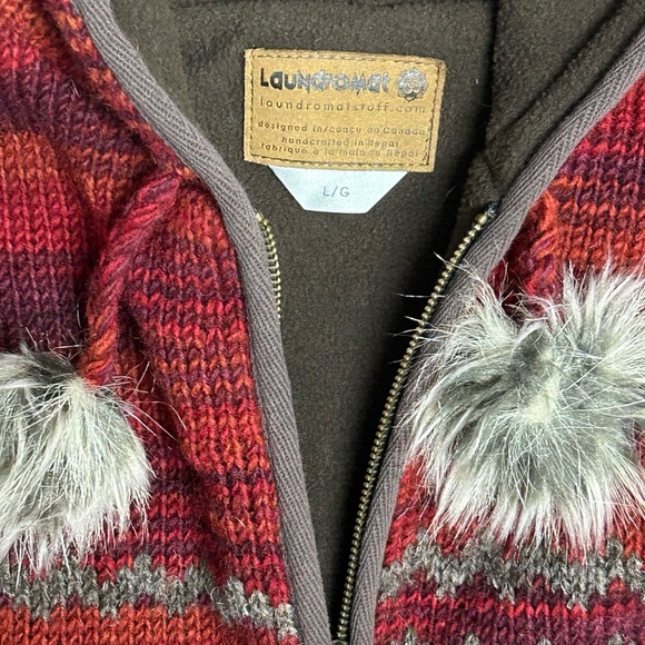 Laundromat Hooded Wool Knit Sweater Coat Pom Pom Alpine Fair Isle Size L - Picture 3 of 10